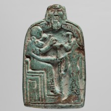Amulet — stele with lion-headed goddesses Bastet and Sekhmet?, lionesses, Egyptian deities;