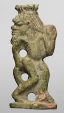 Amulet — the dancing god Bes; creator, Bes myth., Egyptian deity depicted with feathers, dancing