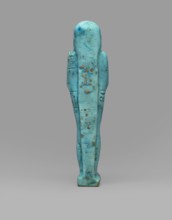 Ushabti Wahibre-em-achet. Mummy-shaped funerary figurine shabti made of blue faience with black