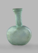 Flask with a spherical body and a high, cylindrical neck ending in a wide, straight-cut rim. The