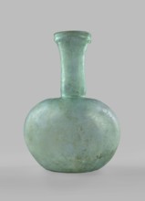 Flask with a spherical body and a high, cylindrical neck ending in a wide, straight-cut rim. The