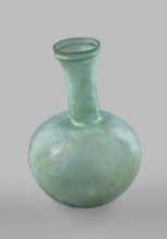Flask with a spherical body and a high, cylindrical neck ending in a wide, straight-cut rim. The