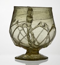 Skyphos, Deep bowl with wide foot and two small vertical handles. Surface decorated with a zigzag