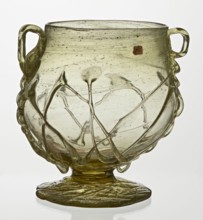 Skyphos, Deep bowl with wide foot and two small vertical handles. Surface decorated with a zigzag