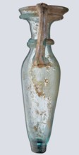 Bottle; eastern workshop, 3rd–4th century AD. Transparent bluish-green glass, free-blown, with a