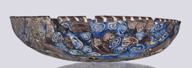 Bowl, Egyptian workshop; mosaic glass bowl with flat bottom, walls widening toward the top then
