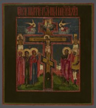 Icon: Crucifixion of Christ on Golgotha, Old Believers workshop. In the center a recessed