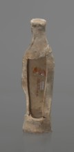 Female terracotta figurine of a standing woman, depicted frontally. Set on a small hollow