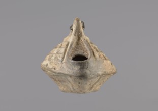 Lamp, Oval lamp made of yellow-gray clay with a high container and two handles, through which a