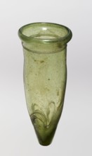 Lamp oil container, glass with cream enamel thread, 12th–15th century, possibly Syria or Egypt