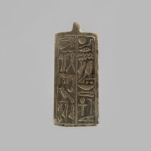 Tile with pseudo-hieroglyphs; scarab with pseudo-hieroglyphs on the base. 20th century, Egypt.