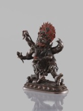Six-armed Mahakala, dharmapala iconography, lotus throne, Tibetan Buddhist art, sculpture, 19th