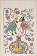 Symbols of happiness - vase with peonies, peach branches, birds; nianhua Jiajiang New Year painting
