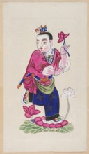 Boy on a lotus leaf with a lotus in his hand; creator, nianhua New Year's picture, Chinese, early
