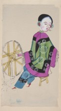 Young woman working with a spinning wheel; nianhua New Year's picture, early 20th century; Chinese;