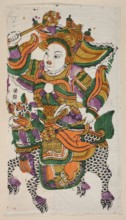 Menshen Gate Guardian, Chinese, nianhua New Year's picture, Guardian depicted as a warrior riding a