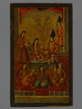 Mirror cover, Islamic art, Persian, Qajar dynasty 1785–1925; genre scenes: feasts, banquets,