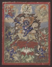 Palden Lhamo Sri Devi, unknown painter, mantras, dharmapala iconography, makaras, demons, skulls.