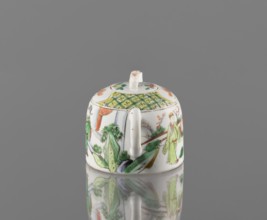 Teapot with lid;, Ceramics: colored porcelain teapot with figurative scenes; porcelain fragment