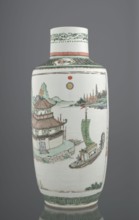 Vase, Chinese, Qing dynasty 1644–1911, colored porcelain, landscape and architectural motifs;