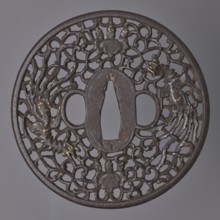 Crossguard tsuba, maker, images of birds; Japanese sword crossguard tsuba, namban style; materials: