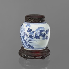 Storage pot on a stand with a cover, Chinese, Qing dynasty 1644–1911, 19th century. Blue-and-white