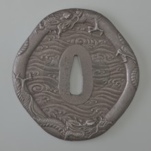 Crossguard tsuba, Raiyôken, Yoshimasa maker, sword crossguard in the shape of an otafuku chubby