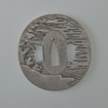 Crossguard tsuba, Takehara Tomomasa; oval tsuba tatemaru gata with rectangular edge; inlaid with