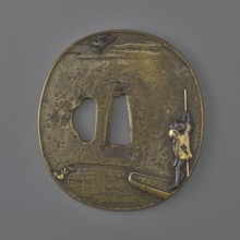Crossguard tsuba, Tsuchiya Yasuchika 1670–1744. Oval tsuba tatemaru gata in copper with ryohitsu