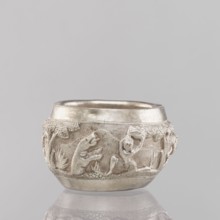 Bowl, South Asian, Indian; applied art vessel 19th/20th century. Depicts hunting iconography: