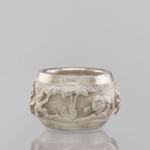 Bowl, 19th/20th century India, South Asian; applied art vessel depicting hunting scenes with