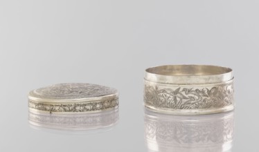 Box with a lid, 19th century, India; Indian; painted metal vessel with applied decoration depicting