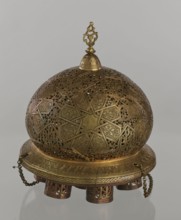 Lamp, creator unknown, Islamic art, Arabic culture; metal oil lamp with geometric ornament and