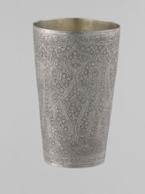Mug, Islamic Mughal, Indian; 19th century, North India probable. Silver mug densely decorated with