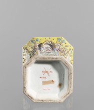Vase with a lid, ceramics, colored porcelain, openwork perforated flat lid, decorated with flowers,