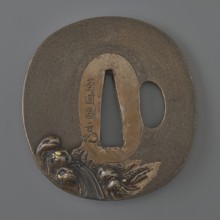 Crossguard tsuba, Kikuoka Masayoshi; Kikuoka school. Oval tsuba tatemaru gata with a rectangular