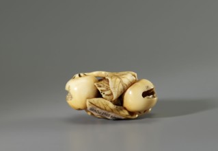 Netsuke in the shape of a twig with biwa loquat fruits, Gyokuhôsai signature of Yamada Bunjirô,