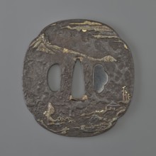 Crossguard tsuba. Maker: Jakushi; Kizaemon. Tsuba in the shape of a mokkô quatrefoil, with a kôgai