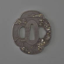 Crossguard tsuba, sword crossguard, landscape motifs, tsubas, fishermen, Japanese art and culture,
