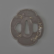 Crossguard tsuba, sword crossguard with landscape motifs depicting fishermen, bridges, rocks, and