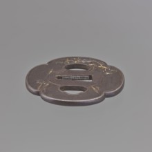 Crossguard tsuba, sword crossguard, landscape motifs depicting fishermen, bridges, rocks, and