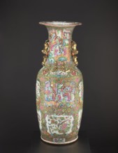 Vase, Chinese, 19th century, colored porcelain vessel with figurative court scenes, butterflies,