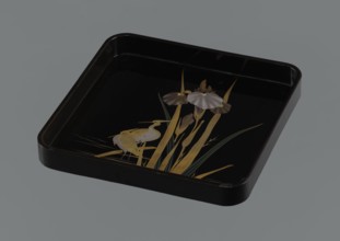 Tray, Meiji 1868–1912, Japan. Painted tray depicting irises and herons kachôga iconography.