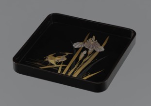 Tray, ; wooden tray covered with black roiro lacquer; decoration: two wading herons and a clump of