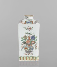 Bottle; decorated colored porcelain vessel, 18th century, China. Decorated on each side with a