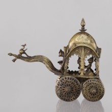 Miniature of a chariot;, 19th century, India. Model of a temple chariot showing a bird peacock