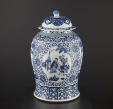 Pot with cover; maker, resource pots; blue-and-white porcelain; Chinese; plant motifs and mountain