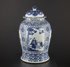 Pot with cover, blue-and-white porcelain, plant motifs and mountain landscapes, decorative vessel,
