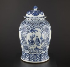 Pot with cover, blue-and-white porcelain, Chinese; plant motifs and mountain landscapes; decorative