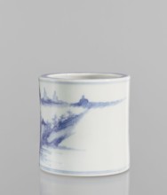 Brush vessel, ceramic, blue and white porcelain, Chinese, 18th century, China; decorated with